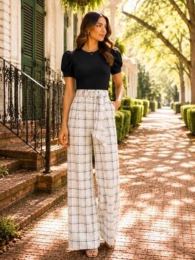 Choosy Ivory Plaid Wide Leg Pants High Rise Belted 6 MSRP $120